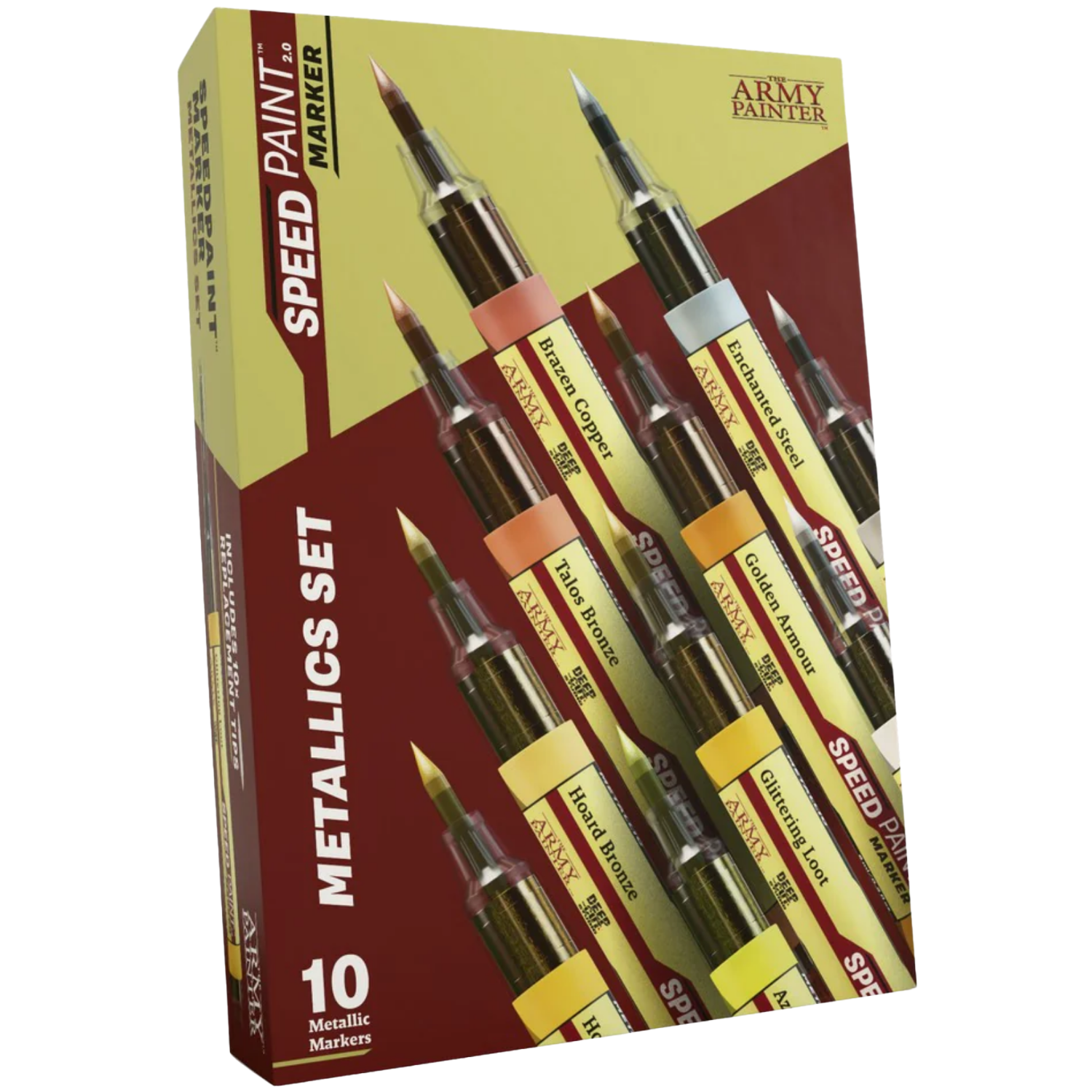 Speedpaint Markers: Metallics Set - Set of 10 metallic Speedpaint markers in yellow and burgundy packaging with fine brush tips.