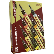 Speedpaint Markers: Metallics Set - Set of 10 metallic Speedpaint markers in yellow and burgundy packaging with fine brush tips.
