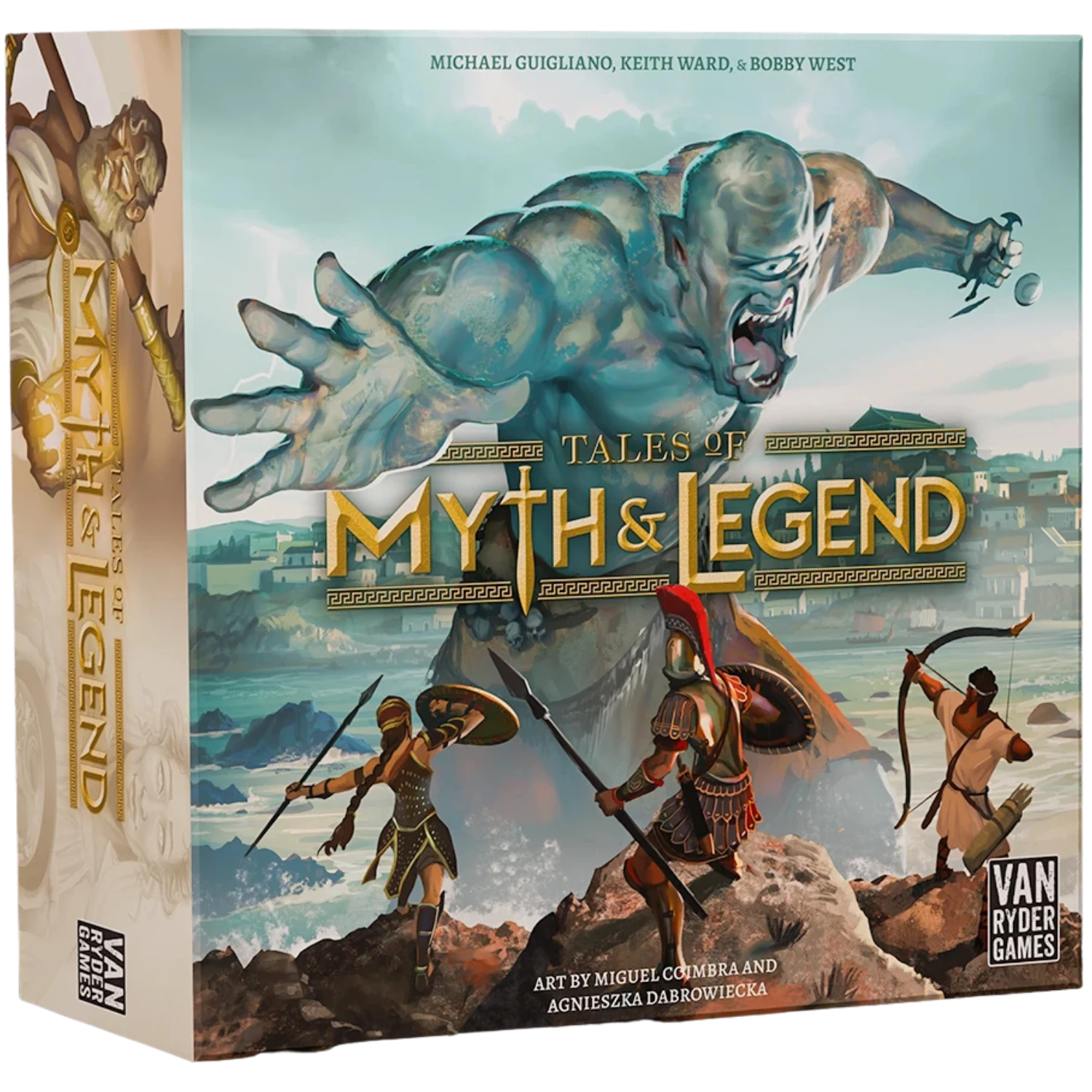 Tales of Myth & Legend - Board game box titled "Tales of Myth & Legend" featuring dynamic artwork of three warriors battling mythical creatures on.