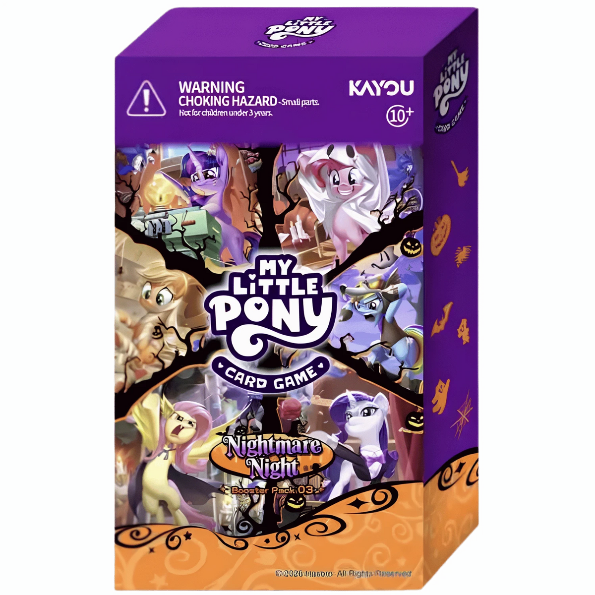 My Little Pony TCG: Nightmare Night Collector Box (PREORDER) - Purple and orange My Little Pony TCG collector box with Halloween-themed character illustrations and bat graphics.