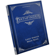 Pathfinder 2E: Lost Omens - High Seas, Special Edition - Blue hardcover RPG book titled Pathfinder Lost Omens High Seas with silver ornate corner designs.