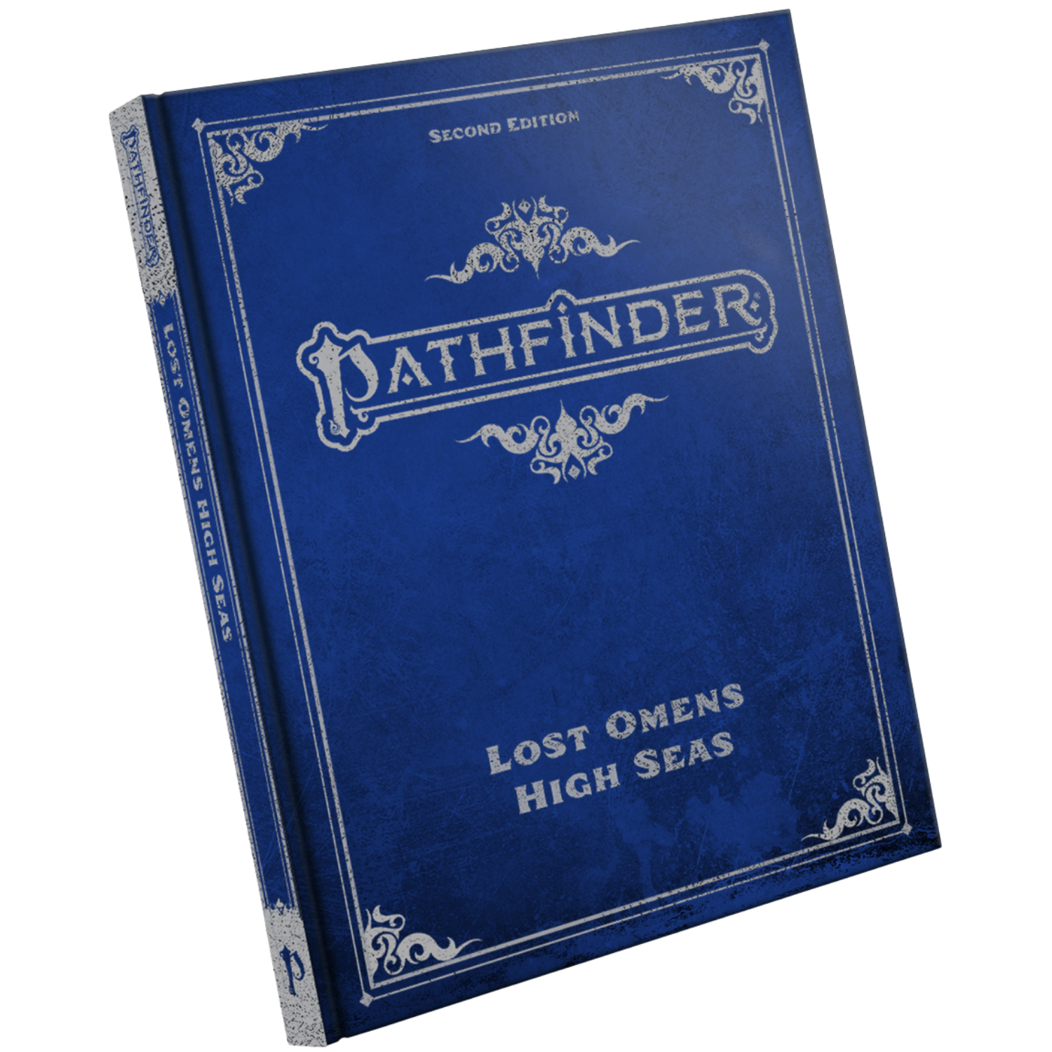 Pathfinder 2E: Lost Omens - High Seas, Special Edition - Blue hardcover RPG book titled Pathfinder Lost Omens High Seas with silver ornate corner designs.