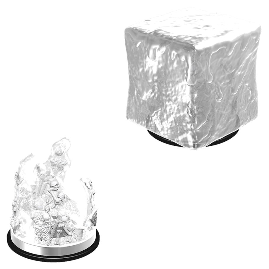 D&D Nolzur’s Marvelous Unpainted: Gelatonus Cube - Clear unpainted miniature of a gelatinous cube and its translucent ooze form on black bases.