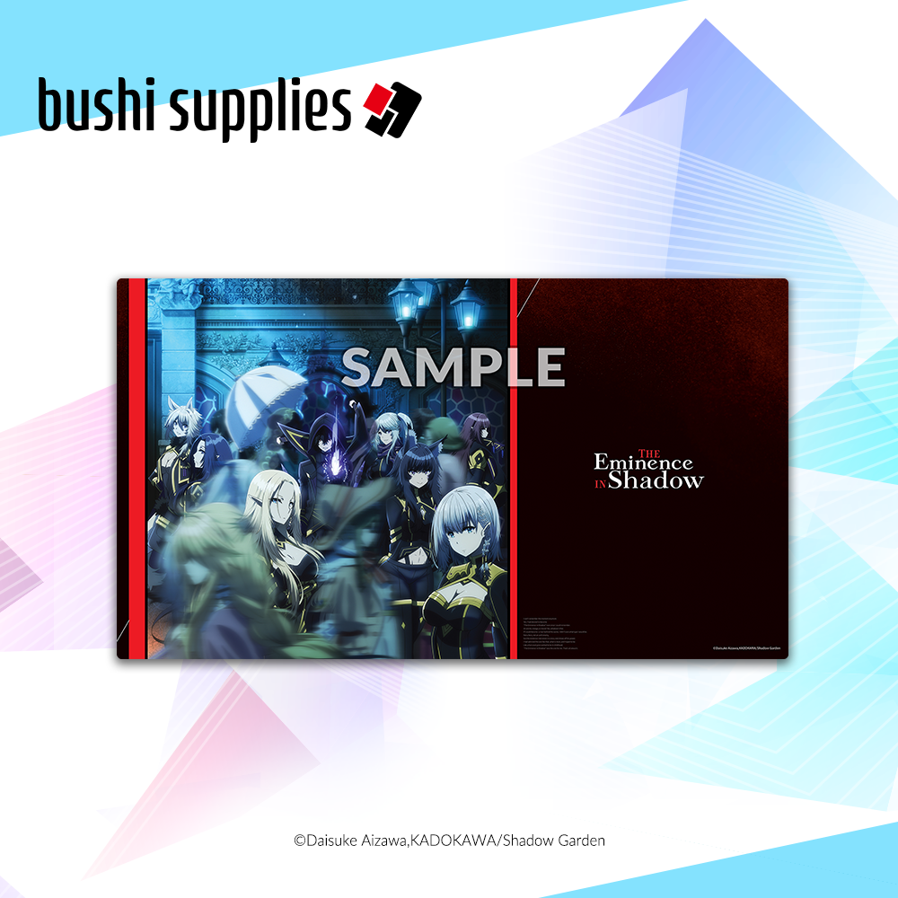 The Eminence in Shadow Playmat - Key Visual 1 - Dark-themed gaming playmat featuring anime characters in blue and black tones with red accents and "Eminence in Shadow" text.