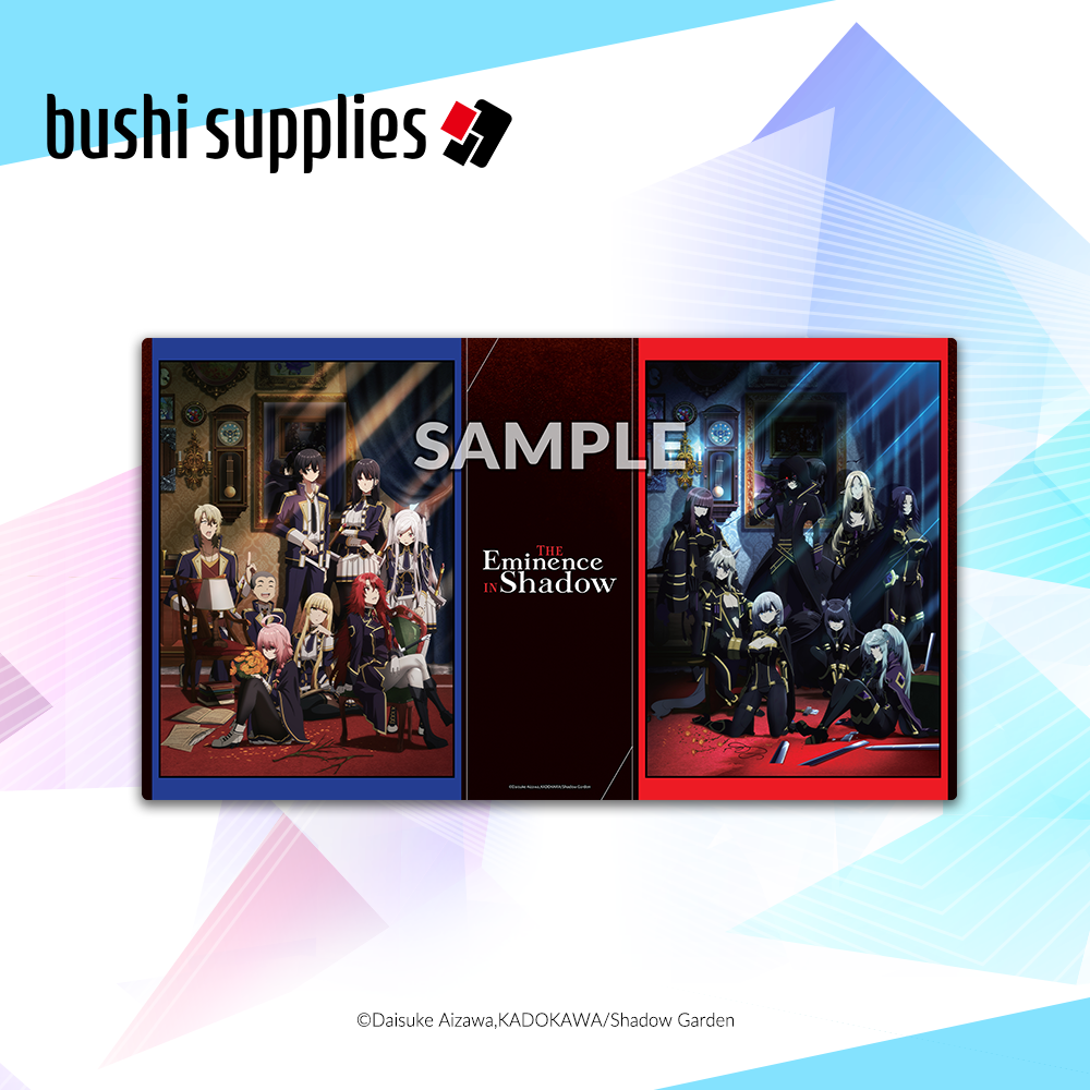 The Eminence in Shadow Playmat - Key Visual 2 - The Eminence in Shadow playmat with two contrasting panels featuring anime characters in dark and light fantasy settings,.