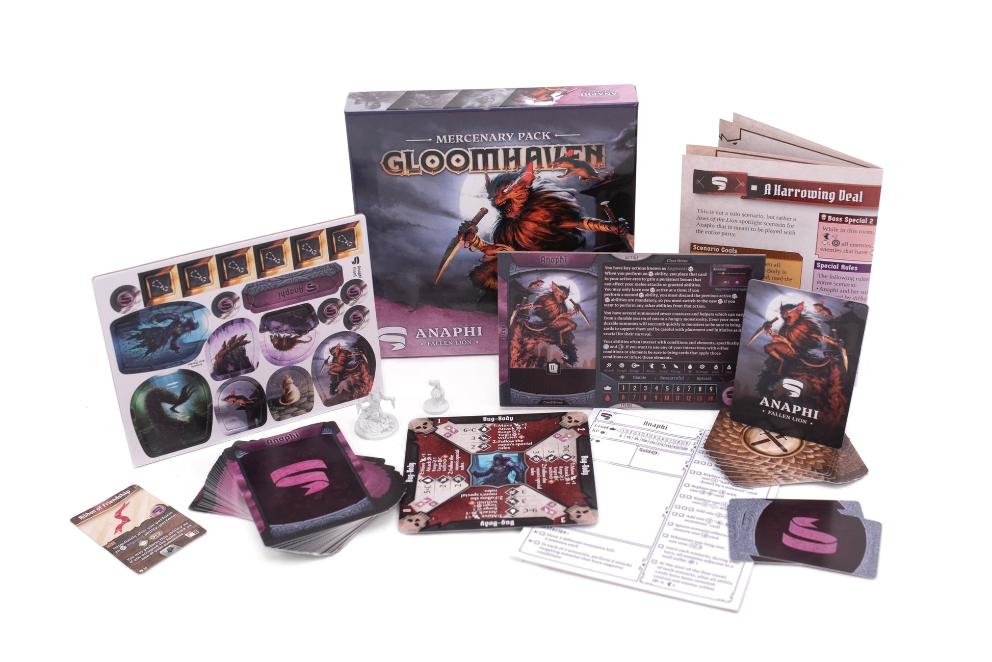 Gloomhaven, 2nd Edition: Mercenary Pack - Anaphi, Fallen Lion - Gloomhaven 2nd Edition Mercenary Pack with character standees, cards, rulebook, tokens, and game box featuring fantasy.