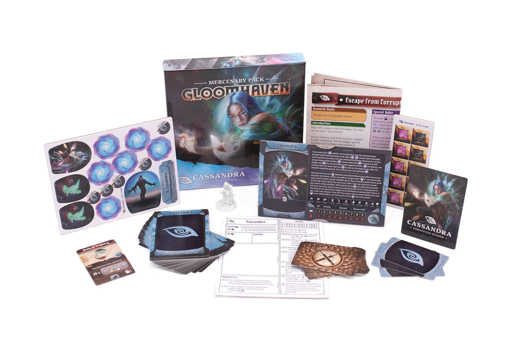 Gloomhaven, 2nd Edition: Mercenary Pack - Cassandra, Forgotten Diviner - Gloomhaven board game box with character cards, tokens, miniatures, and game sheets in a white background.