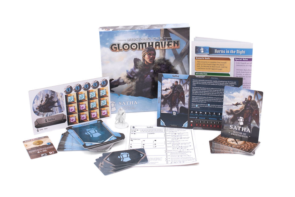Gloomhaven, 2nd Edition: Mercenary Pack - Satha, Mayor of Frosthaven - Board game expansion set with a detailed mayor character card, tokens, storybook, and illustrated game box for Gloomhaven.