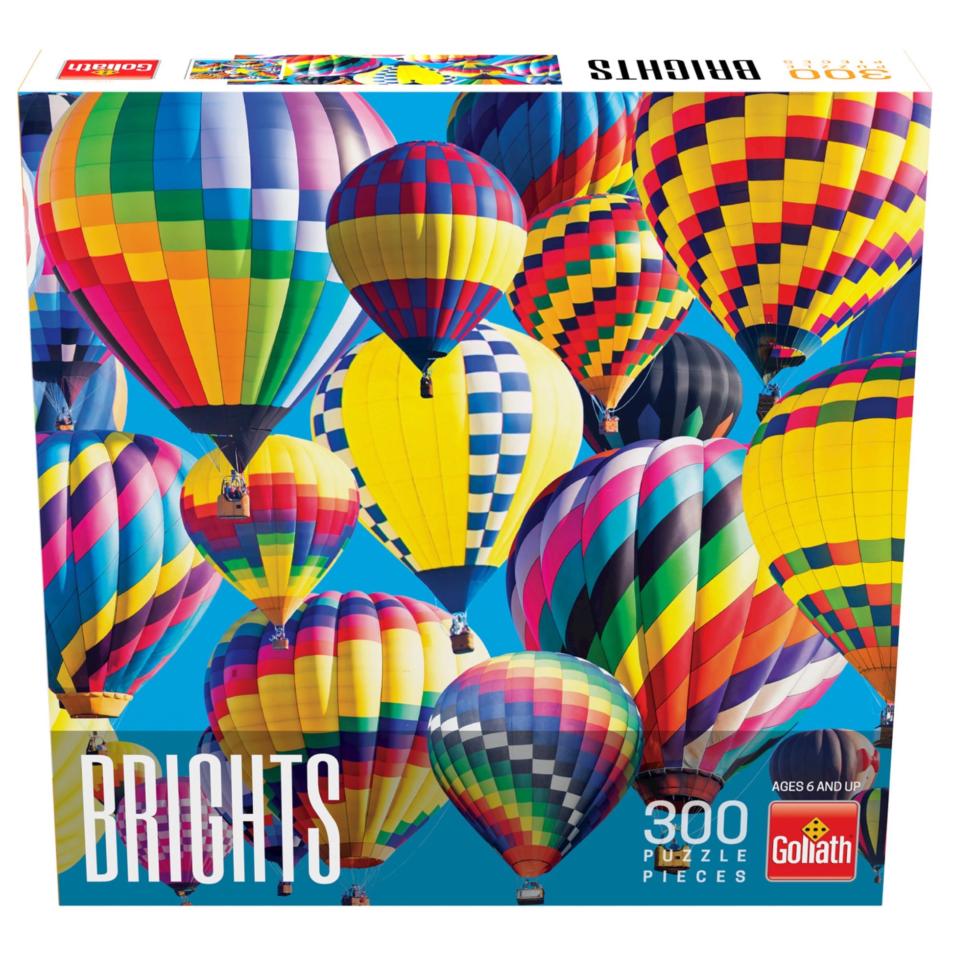 Goliath Brights Puzzles: Hot Air Balloons 300pc Puzzle - Colorful hot air balloons in various patterns floating in a bright blue sky, 300-piece puzzle box.