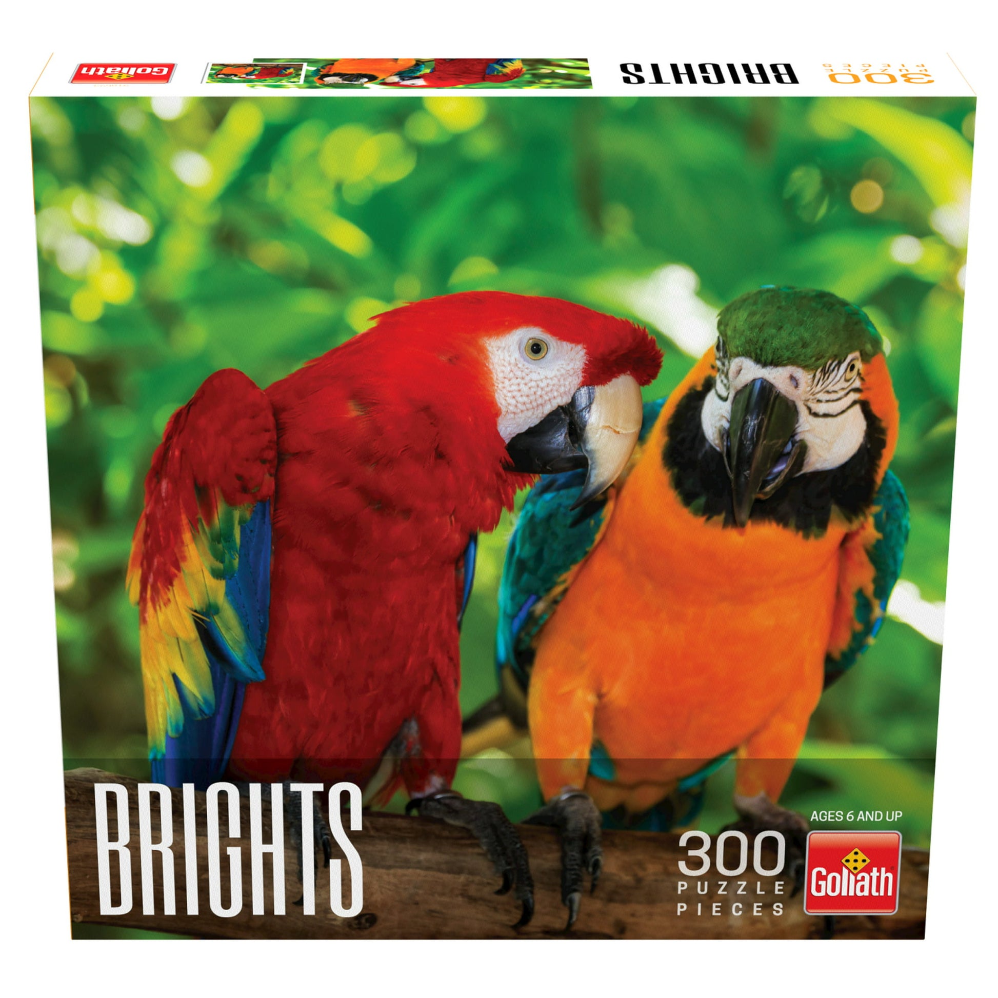 Goliath Brights Puzzles: Parrots 300pc Puzzle - 300-piece jigsaw puzzle box featuring vibrant red, blue, yellow, and green parrots on a leafy background.