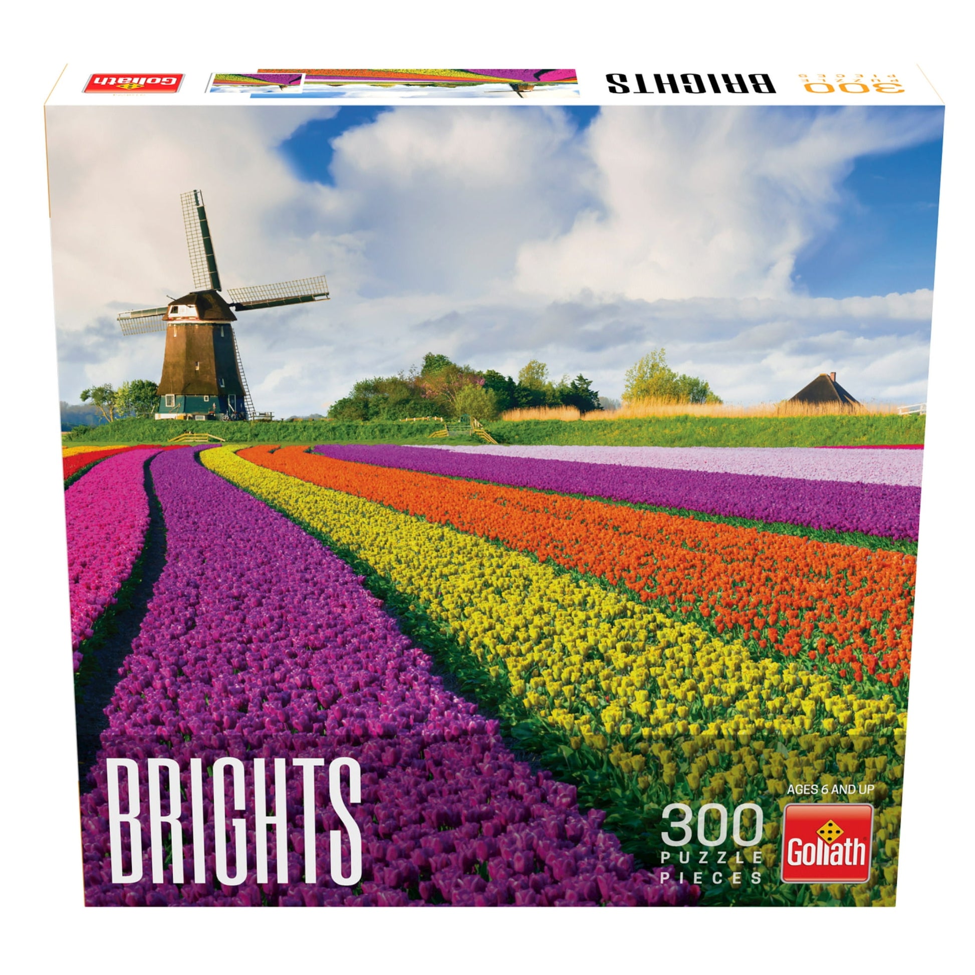 Goliath Brights Puzzles: Tulips 300pc Puzzle - 300-piece puzzle box featuring vibrant rows of tulip fields in purple, yellow, orange, and red with a classic windmill under
