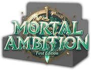 Grand Archive TCG Mortal Ambition 1st Edition Booster Pack - Dark gray booster pack box with gold fantasy emblem and teal "Mortal Ambition First Edition" logo text on front.