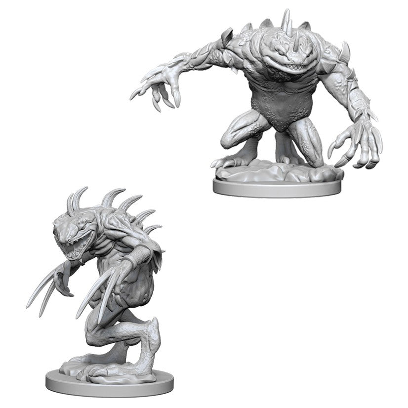 D&D Nolzur's Marvelous Miniatures: Grey Slaad & Death Slaad - Two unpainted Dungeons & Dragons miniatures, one crouching with long claws and spiked back, the other standing with muscular