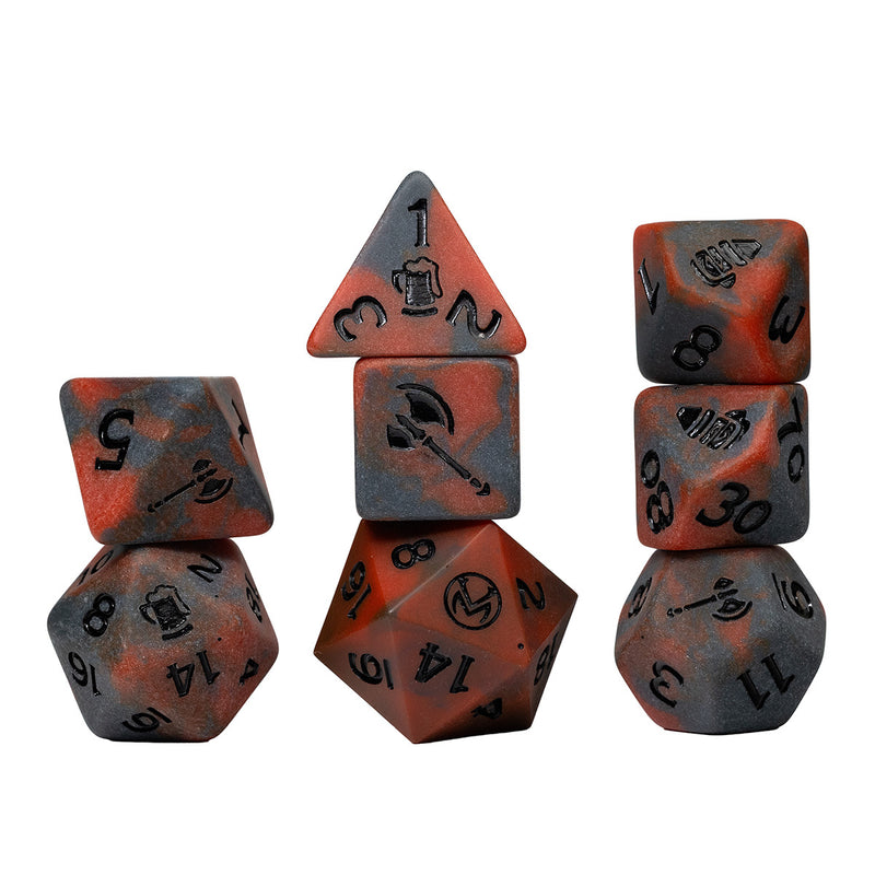 Sirius Dice: Vox Machina Adventure Dice - Grog Strongjaw (PREORDER) - Set of six red and black marbled polyhedral dice with black engraved numbers and icons, themed after Grog Strongjaw from Vox