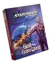 Starfinder 2E: Adventure Path - Guilt of the Grave World - Softcover fantasy roleplaying game book with purple cover featuring a sci-fi character in a suit and planet explosions.