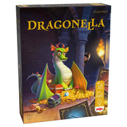 Dragonella (PREORDER) - Board game box featuring a colorful dragon guarding gold coins and treasure in a dimly lit dungeon setting.