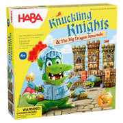 Knuckling Knights: & The Big Dragon Spectacle - Colorful board game box featuring a green cartoon dragon knight in blue armor and a medieval castle backdrop with small.