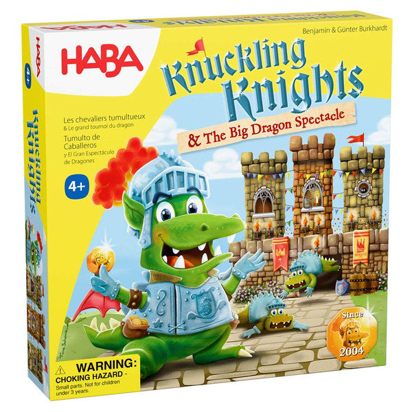 Knuckling Knights: & The Big Dragon Spectacle - Colorful board game box featuring a green cartoon dragon knight in blue armor and a medieval castle backdrop with small.