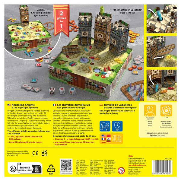 Knuckling Knights: & The Big Dragon Spectacle - Colorful 3D board game featuring a medieval castle, knights, dragons, and game pieces for kids.