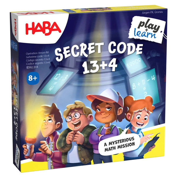 Secret Code 13+4 - Square game box with dark blue and yellow design, featuring four animated kids and math symbols on front.
