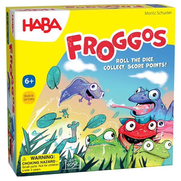 Froggos (PREORDER) - Colorful children’s board game box featuring cartoon frogs, lily pads, and bold red Froggos title on yellow background.