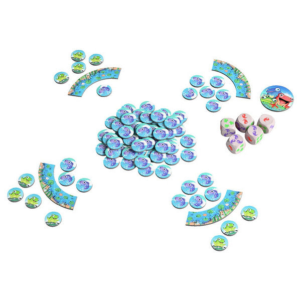 Froggos (PREORDER) - Colorful round game tokens and curved player boards with frog and lily pad illustrations for a kids' game.