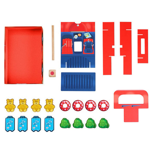 My Very First Games: Hello Vacation - Colorful plastic game pieces including yellow bears, blue suitcases, green frogs, red life rings, red and blue board.
