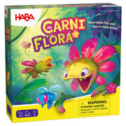 Carni Flora (PREORDER) - Colorful Carni Flora board game box with cartoon Venus flytrap and insects on vibrant green background.