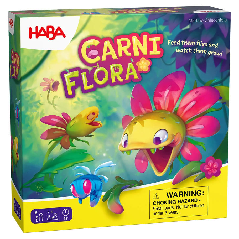 Carni Flora (PREORDER) - Colorful Carni Flora board game box with cartoon Venus flytrap and insects on vibrant green background.