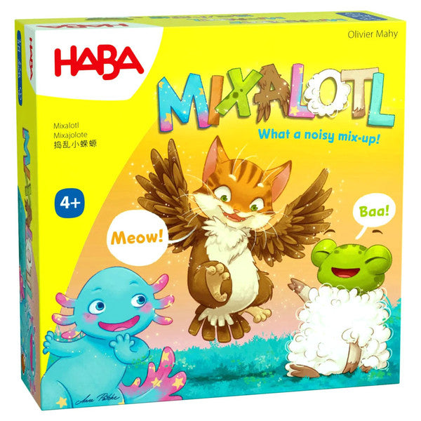 Mixalotl - Colorful Mixalotl kids game box featuring a winged cat, blue amphibian, and green frog characters on a yellow background.
