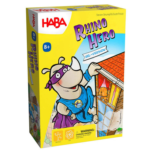 Giant Rhino Hero XXL - Colorful board game box featuring a cartoon rhino superhero in blue and purple flying near a treehouse.