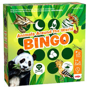 Animals Around the World Bingo - Green bingo box featuring a panda, crocodile, shrimp, zebra, and cheetah illustrations with bold orange and white text.
