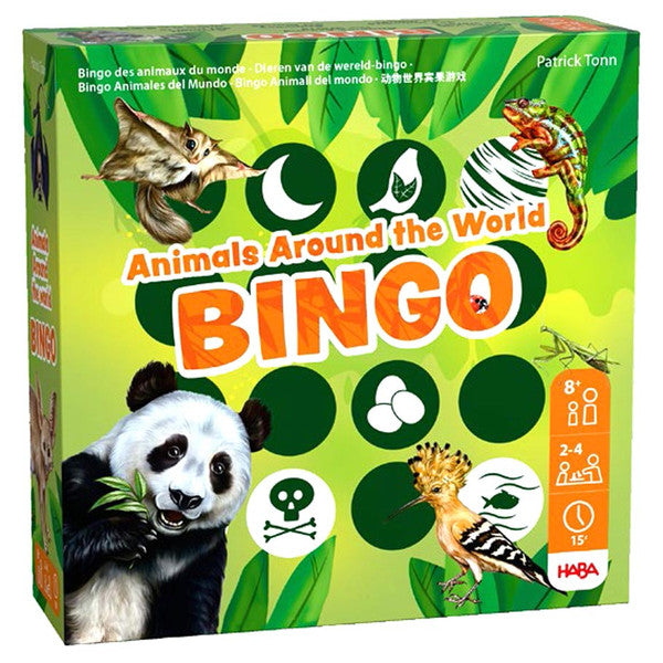 Animals Around the World Bingo - Green bingo box featuring a panda, crocodile, shrimp, zebra, and cheetah illustrations with bold orange and white text.