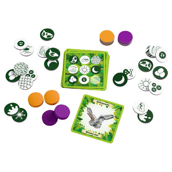 Animals Around the World Bingo - Children’s bingo game with green-themed animal cards, circular black-and-white tokens, and orange and purple circular.
