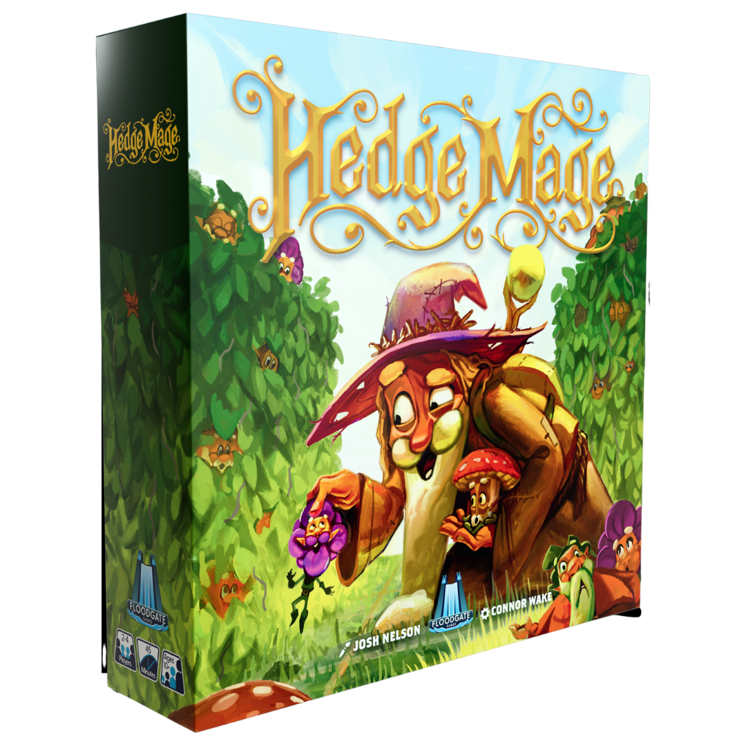 Hedge Mage - Colorful board game box featuring a whimsical hedgehog wizard in a forest setting with mushrooms and plants.