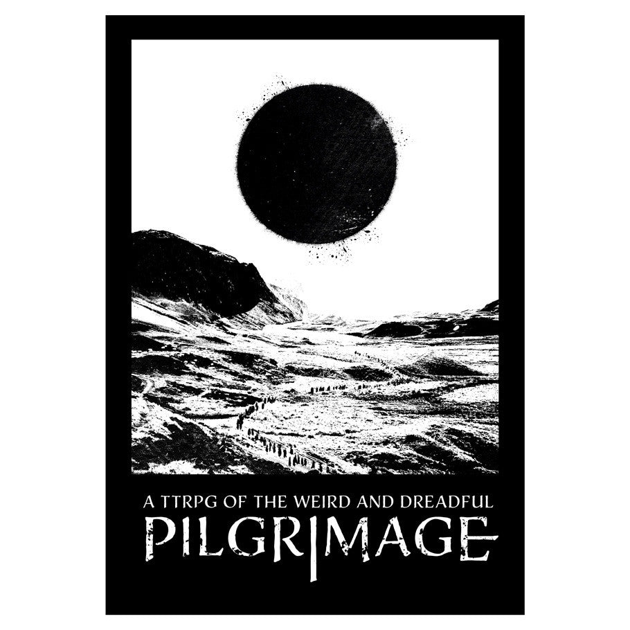 Pilgrimage (PREORDER) - Black and white book cover featuring turbulent ocean waves under a large dark circle sun with bold white text reading "A.