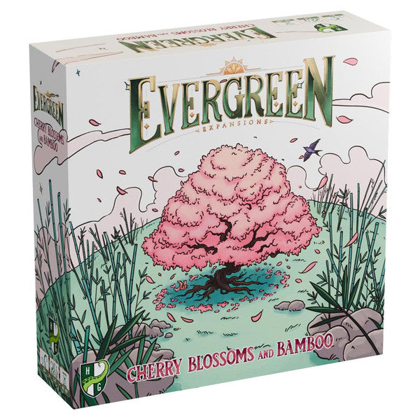 Evergreen: Cherry Blossoms and Bamboo Expansion - Evergreen game expansion box featuring pink cherry blossom tree illustration with green bamboo stalks and water accents on.