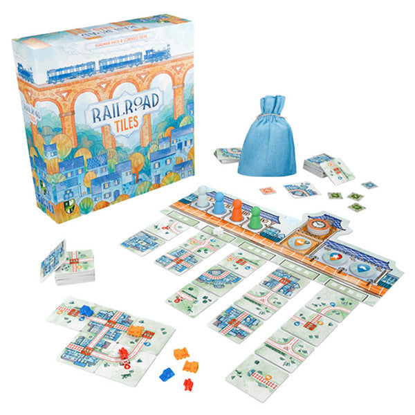 Railroad Tiles - Railroad Tiles board game with colorful illustrated tile pieces, wooden train tokens, and a blue drawstring bag.