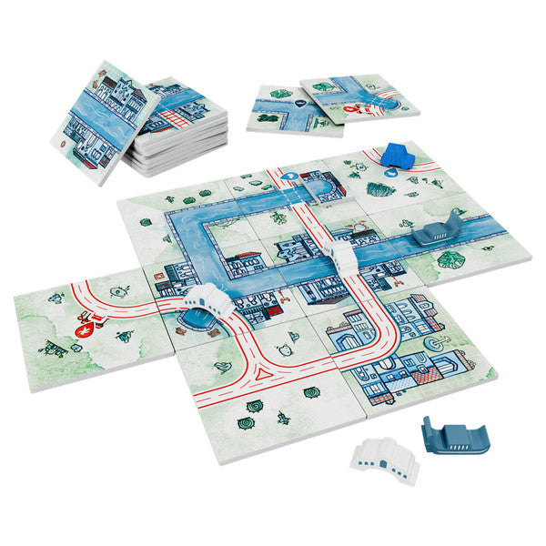 Railroad Tiles: Canals Expansion - Board game expansion featuring blue canal-themed tiles with red and blue tracks, small blue boats, and white dice.