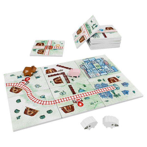 Railroad Tiles: Countryside Expansion - Square railroad tiles depicting countryside scenes with tracks, buildings, animals, and figures, arranged on a white surface