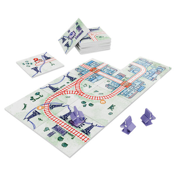 Railroad Tiles: Energy Expansion - Railroad-themed board game tiles with red tracks, city and countryside illustrations, and purple train miniature pieces.