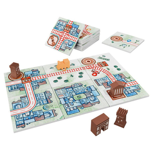 Railroad Tiles: Monuments Expansion - Board game expansion with illustrated city map tiles in blue and gray, featuring red railroad tracks and wooden monument.