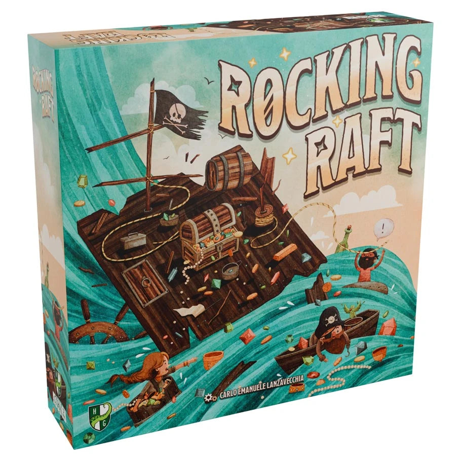 Rocking Raft - Square game box with colorful pirate-themed artwork showing a wooden raft with treasure chest, swords, and barrels floating.