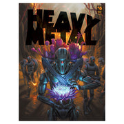 Heavy Metal Magazine #6A (PREORDER) - Dark metallic robotic figure holding glowing purple crystals, fiery background, Heavy Metal magazine cover design.