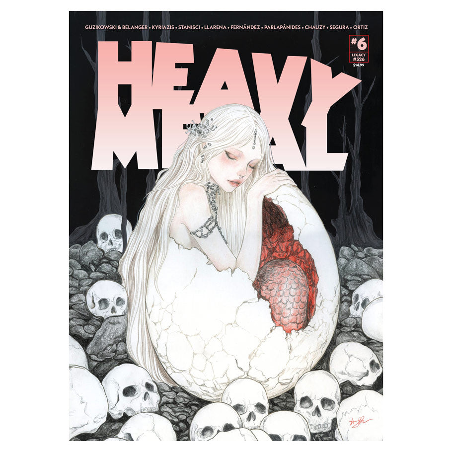 Heavy Metal Magazine #6B - Heavy Metal Magazine #6B cover featuring a pale, white-haired woman emerging from a cracked egg surrounded by skulls on a.