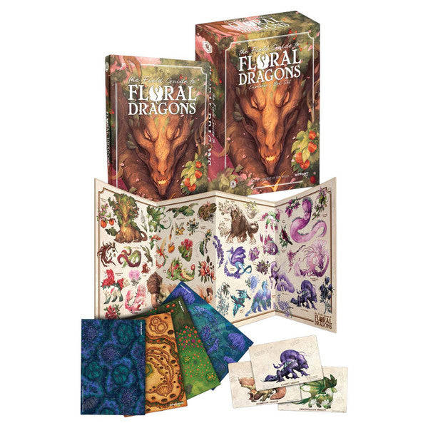 D&D 5E: The Field Guide to Floral Dragons Box Set - Box set with floral dragon artwork featuring richly colored green, orange, and blue card sleeves, a detailed fold-out poster