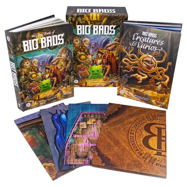 D&D 5E: Big Bads: Bestiary Box Set - D&D 5E Big Bads Bestiary box set featuring a colorful hardcover book, a game box with monster artwork, and several detailed.
