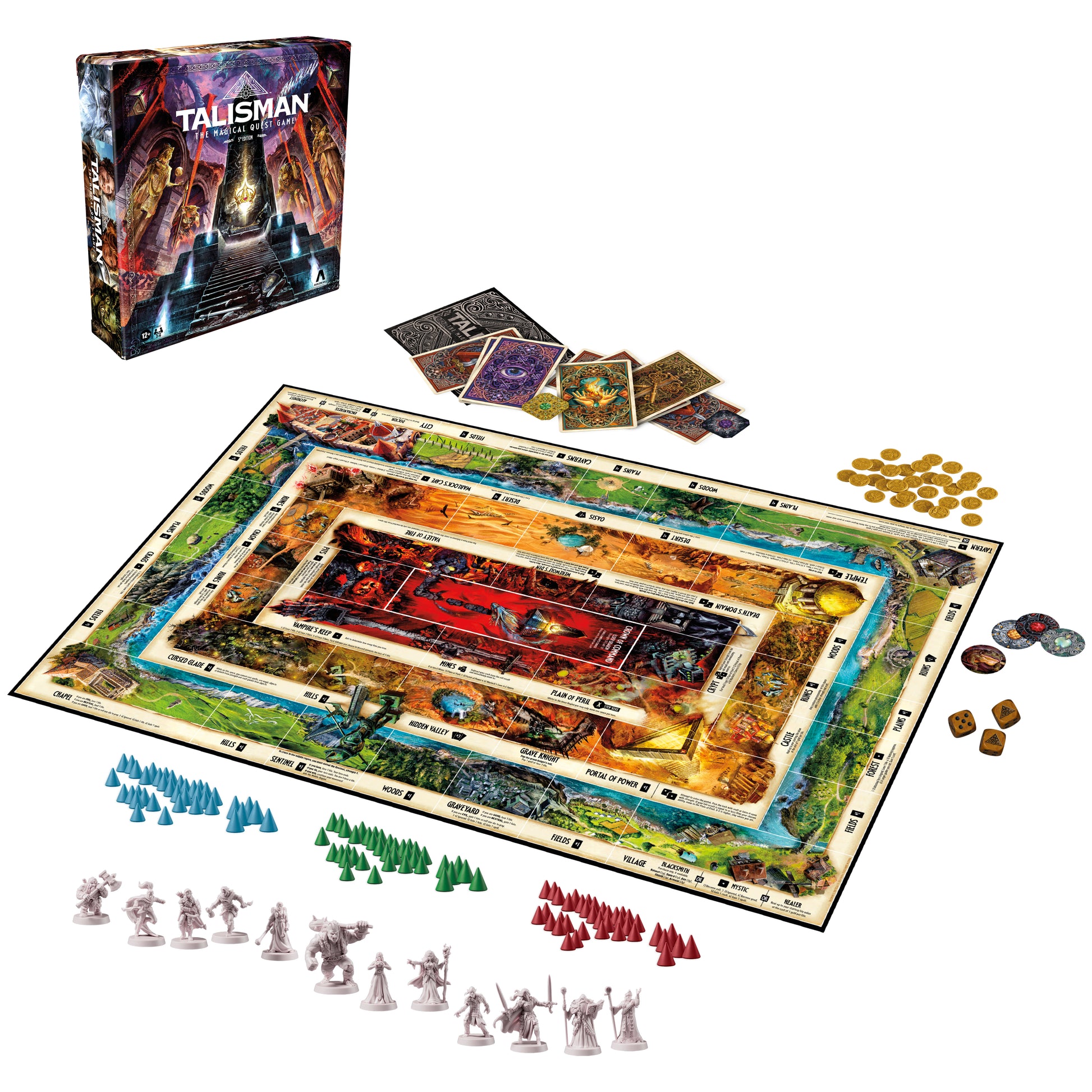 Talisman Core - Talisman Core board game with multicolored detailed playing board, game cards, gold coins, and miniature character figures.