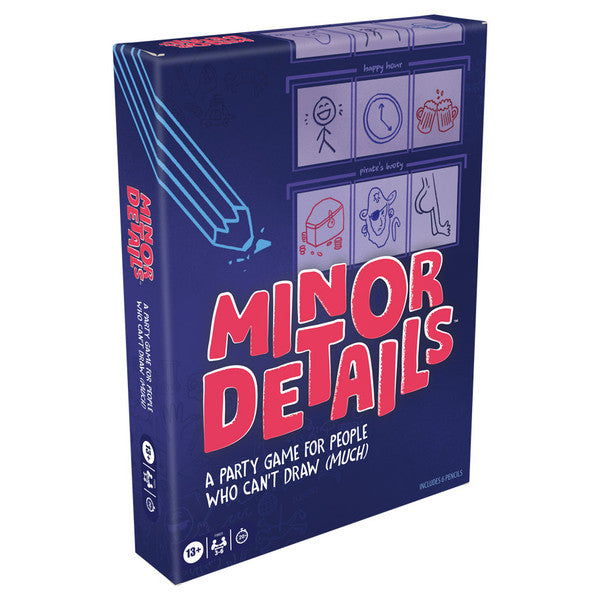 Minor Details - Navy blue rectangular box with red and white "Minor Details" text and cartoon icons of a clock, camera, and stick figure.