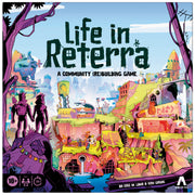Life in Reterra - Colorful board game box art depicting a vibrant fantasy village with diverse buildings and characters, featuring the title.